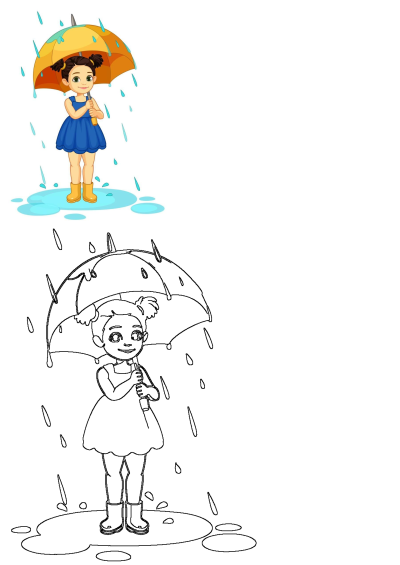 Cute little girl holding a yellow umbrella in the rain, wearing a blue dress and boots, happily standing in the puddles.