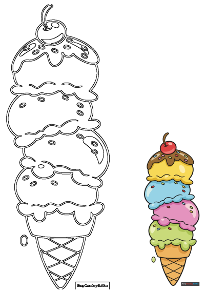 26 Easy Cakes, Cookies, and Candies Drawing Ideas - A cartoon image of a colorful ice cream cone with multiple flavors. 