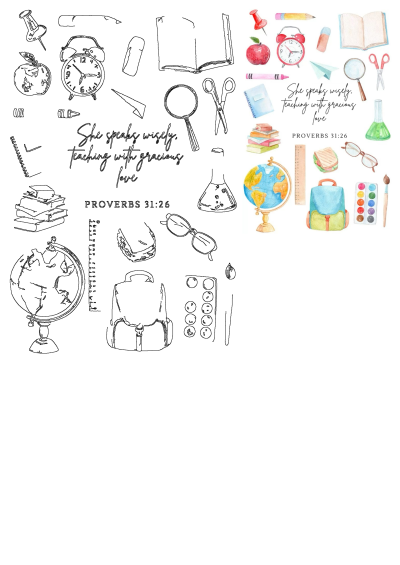Watercolor image with school supplies like a globe, books, and the quote 'She speaks wisely' Proverbs 31:26, perfect for teachers.