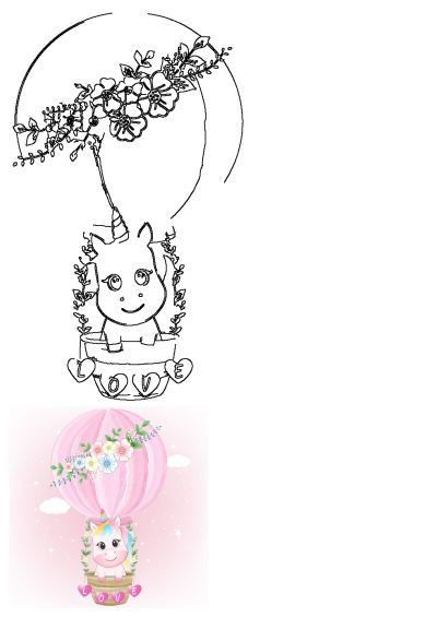 A cute little unicorn flying in a pink hot air balloon, adorned with colorful flowers on its head and the word LOVE. 