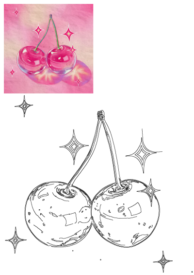 Watercolor style illustration of two cherries sitting on top of each other, sparkles, with a pink and white background. Cute and girly.