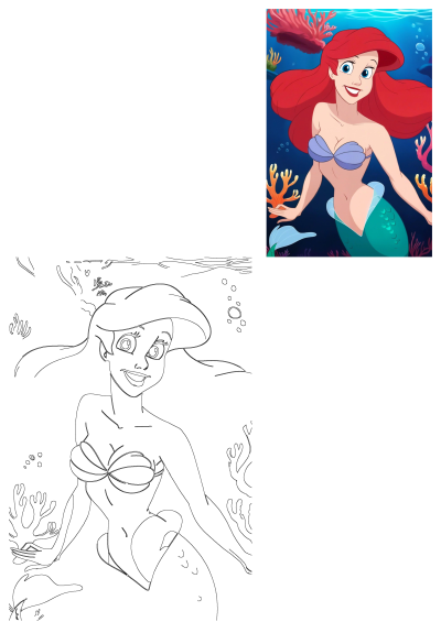 Ariel, the Little Mermaid, swims happily underwater with coral. The beloved Disney princess with bright red hair and a green tail.