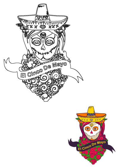 A festive Mexican skull wearing a sombrero and holding a banner that reads 'El Cinco de Mayo'. Celebratory illustration.