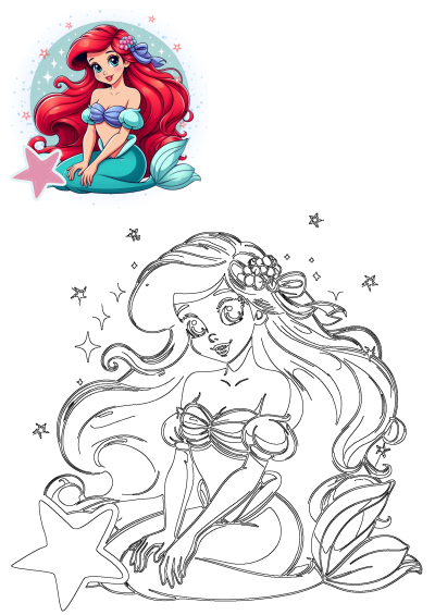 Illustration of The Little Mermaid, Ariel, with long red hair, teal tail, blue seashell bra and a pink starfish. Smiling cartoon image.