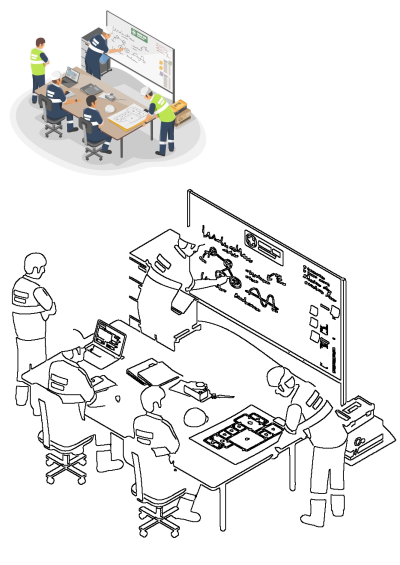 Illustration of three men in uniform around a table looking at a project on a large screen, working on construction plans together.