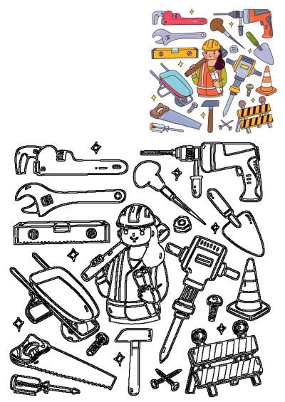 Cartoon illustration of a woman holding a wrench surrounded by various work tools and construction equipment for building and repair tasks.