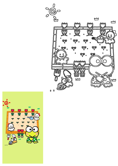 Image of cartoon character KeroKeroKeroppi in garden with flowers and plants on a green background. Cute illustration.