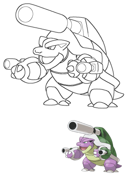 Image shows a purple Blastoise Pokémon with cannons. Fanart features the Water-type creature with large cannons on its shell and arms.