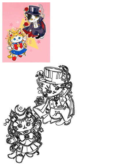 Two cats dressed up in costumes; one cat is wearing a top hat with roses. They're cosplaying as Sailor Moon and Tuxedo Mask characters.