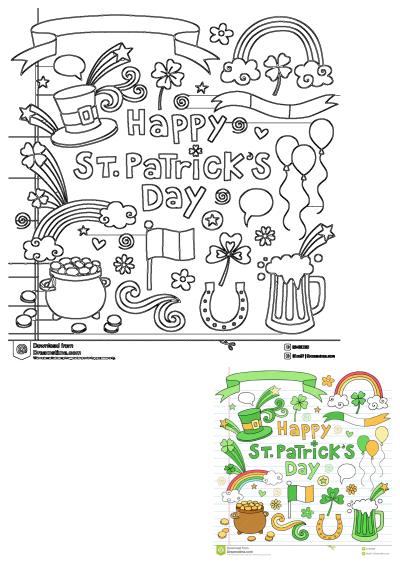 St Patrick's Day greeting card features shamrocks, balloons, rainbow, pot of gold, beer, and other festive elements like a hat and horseshoe.