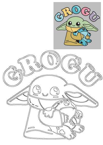 A cute Baby Yoda, Grogu, hugging a stuffed animal with 'CROGUE' text. A charming image of Grogu holding his beloved toy croc.