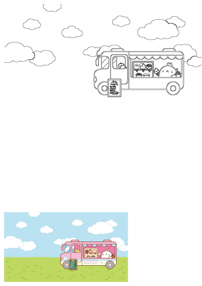 A cute illustration of a pink Molang food truck selling ice cream, featuring adorable characters and a fun menu. The alt says hello kitty.