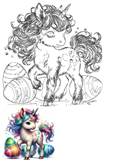 Two images of a magical unicorn and Easter eggs; one a black and white outline, the other a vibrant, colorful illustration for kids.