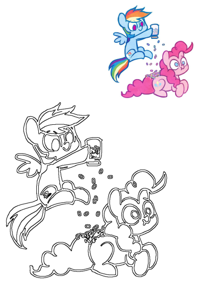 Two cartoon characters, Pinkie Pie and Rainbow Dash from My Little Pony, are playing with each other, scattering candy and sprinkles.