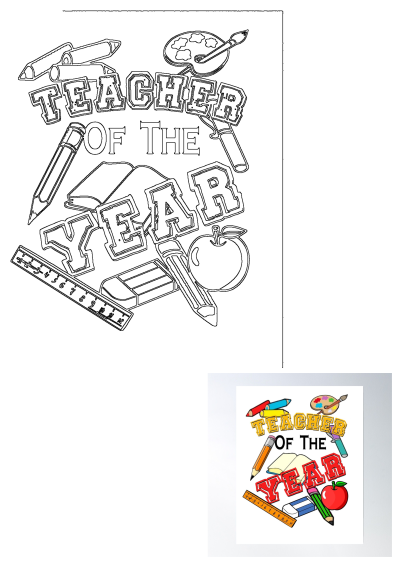 Teacher of the year poster with school supplies including pencils, paint palette, book, ruler, eraser, and apple. Perfect gift for an awesome teacher.