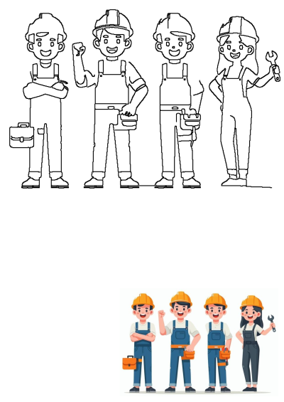 Four construction workers wearing overalls and hardhats stand smiling. One is female, holding a wrench. Ready for a job or project!