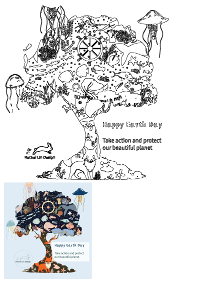 Happy Earth Day image: A tree with marine animals and plants. Illustration reminding to take action to protect our beautiful planet.