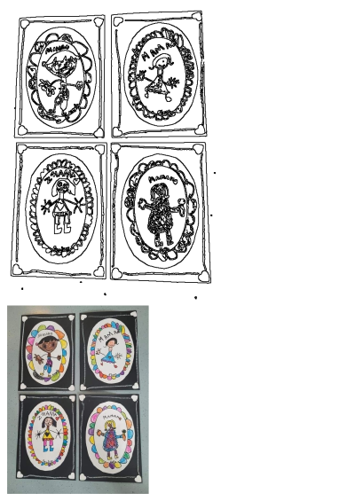 Four hand-painted plates display children's drawings of their moms. The drawings are colorful and heartwarming, set against a black and white background.