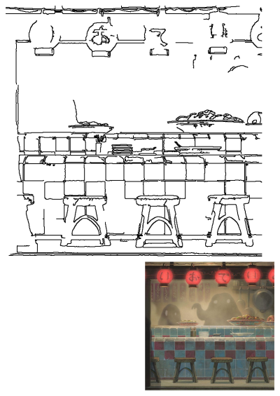 Scene from Spirited Away anime of a food stall at night with hanging lanterns and ghostly figures in the background.