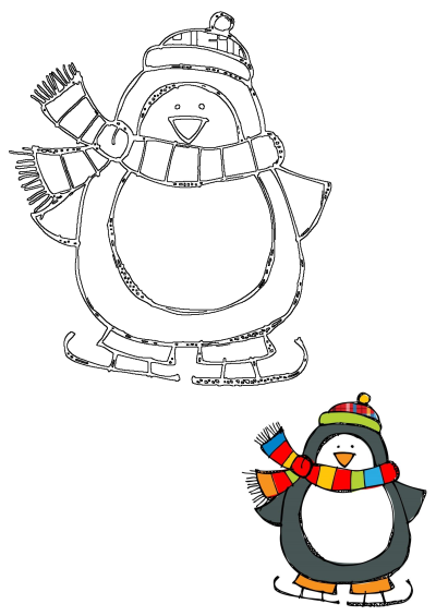 Cartoon image of a penguin wearing a colorful hat and scarf. The penguin is also on ice skates, ready for a winter adventure.