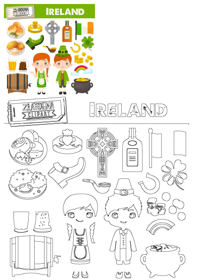 St. Patrick's Day themed clipart featuring Irish icons like beer, bread, the Irish flag, a pot of gold, and leprechaun characters.