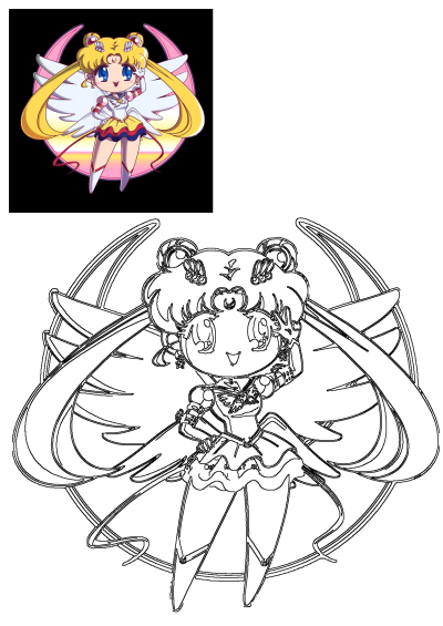 Cute chibi Sailor Moon character with wings against a moon background, vibrant colors, and adorable details. Fan art.