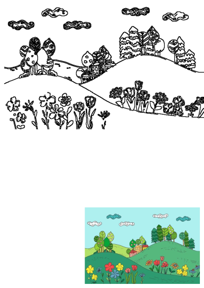 A charming drawing of flowers blossoming on a green hill, framed by trees and fluffy clouds in the sky. A beautiful landscape illustration.