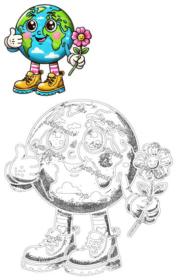 A cute cartoon of planet Earth giving a thumbs up and holding a happy flower with heart socks and hiking boots in a kawaii style.