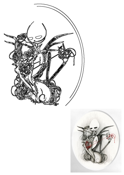 Drawing of a skeleton hugging a woman with long hair and horns. Art depicts a tender embrace with a touch of gothic fantasy.