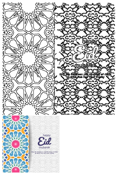Eid Mubarak greeting card featuring a colorful geometric design with a message of blessings and guidance for the recipient's family.