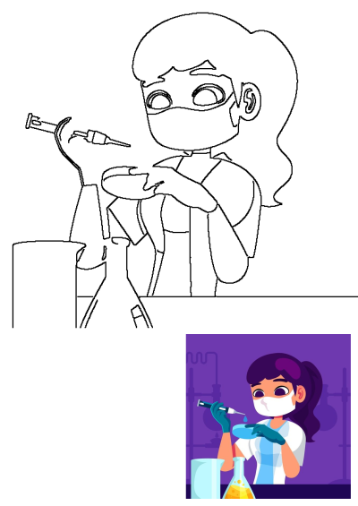 A woman wearing a face mask and gloves works in a lab. She is in front of a flask filled with liquid, doing scientific experiment