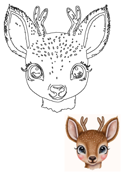 Adorable cartoon fawn head outline illustration with big eyes, tiny antlers, and cute spots. A small colored example shows brown fur, blue eyes, and pink cheeks.
