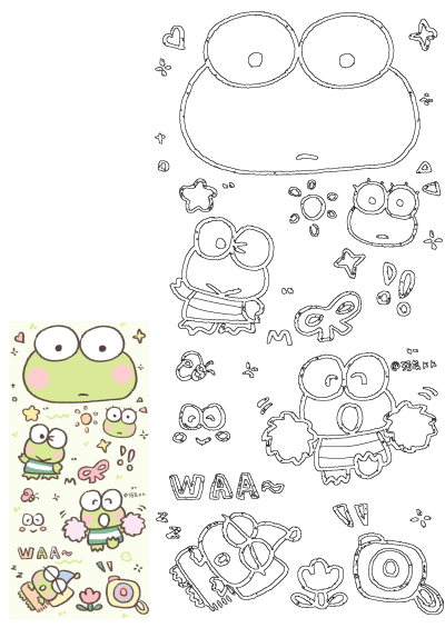 Cute Keroppi cartoon illustration featuring various poses and kawaii elements like stars, flowers and cheerleading pompoms. Sanrio character.