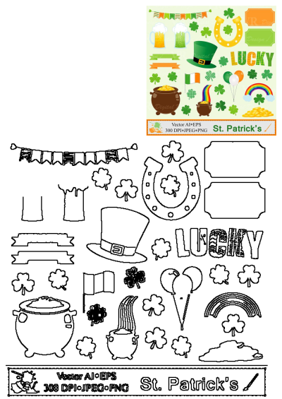 St Patrick's Day clipart set with shamrocks, balloons, clovers, gold coins, pots of gold, rainbow, and a green hat for your design.