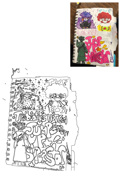 My art and stuff: Colorful sketchbook page with line art drawings, including clown, statue, and 'Jump Up Superstar' lettering. 