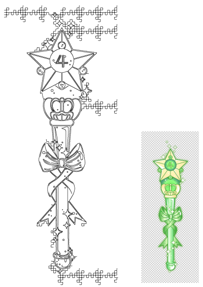 A green wand with a star, number four on it, ribbons, and sparkles. It looks like magical girl item. 