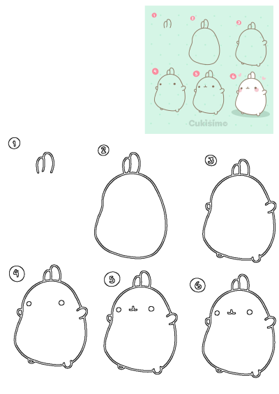 Step-by-step drawing tutorial shows how to draw Molang, a cute bunny. Easy-to-follow instructions for beginners. Learn to draw Molang now!