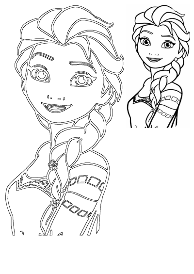 A black and white line drawing of Elsa from Frozen, perfect for a fun coloring activity. Printable cartoon character illustration.