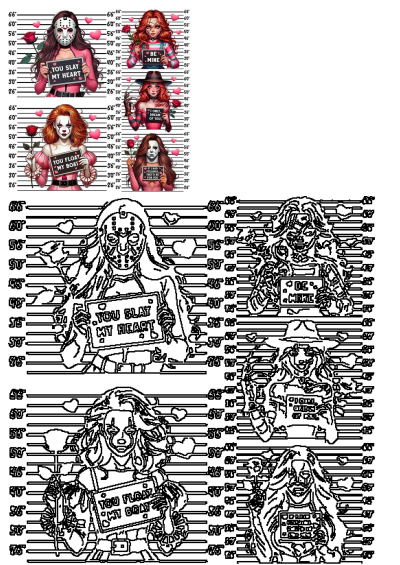 four mugs with different female characters holding signs in front of them, and the words you slay my heart