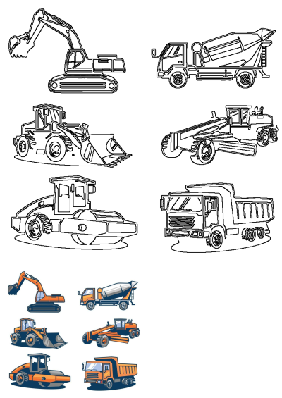 Illustration of six different types of construction vehicles: excavator, cement mixer, bulldozer, grader, roller, and dump truck.