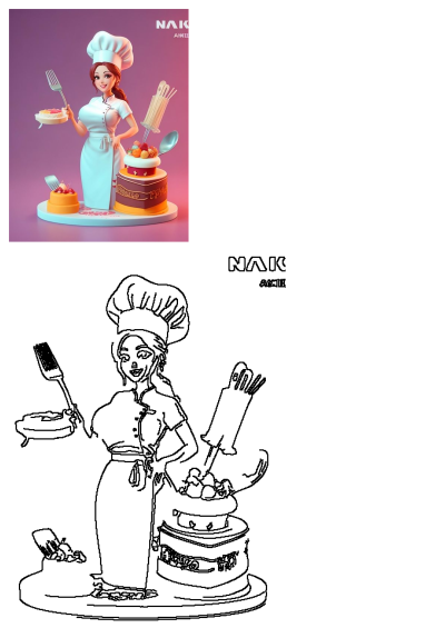 A cartoon image of a woman in chef's outfit standing next to a cake with cooking utensils. Perfect for baking, cooking, and dessert themes.