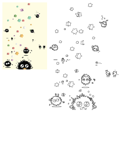 Image of black & white Soot Sprites, inspired by Spirited Away, scattered with colorful stars on a light background. Cute animated art.