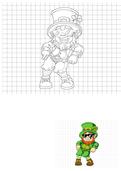 Cartoon leprechaun with sunglasses and a green hat, standing on a white background, dressed in green. Perfect for St. Patrick's Day celebrations!