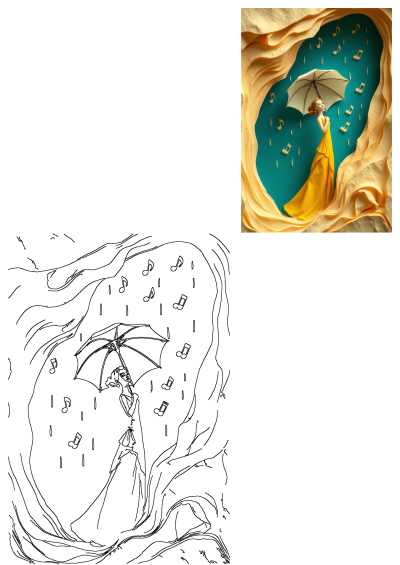 A woman in a beautiful yellow dress holding a white umbrella, with musical notes creating the illusion of rain on the wall behind her.