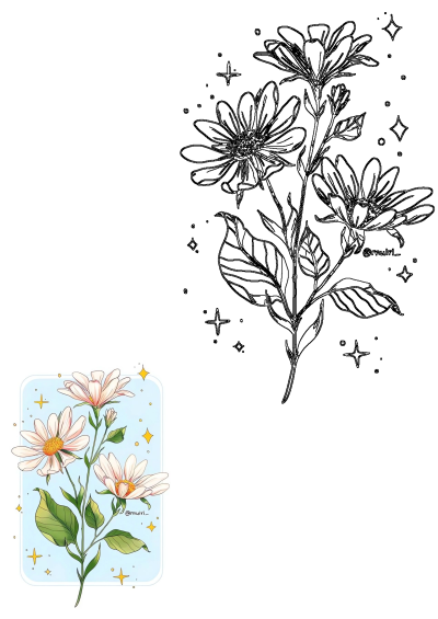 Three lovely pink flowers with vibrant green leaves set against a soft blue background. A beautiful floral illustration with sparkling stars.