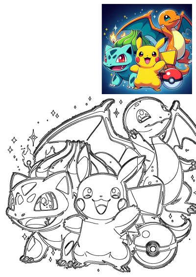 A digital art image of Pokemon characters Bulbasaur, Charmander, Pikachu all in different colors and sizes with a pokemon ball.
