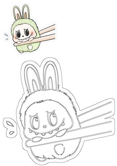 Sticker of a cute, green, fluffy bunny holding a baseball bat in its mouth with chopsticks, sweat drops, cartoon illustration.