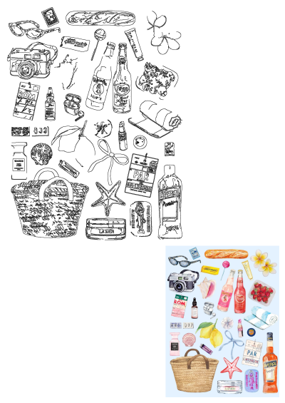 A watercolor painting of summer essentials including beach bag, camera, snacks, and vacation items. Perfect for travel moodboards.