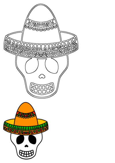 Cartoon skull wearing a colorful sombrero. Image depicts a fun and festive celebration of Dia de los Muertos, a Mexican holiday.
