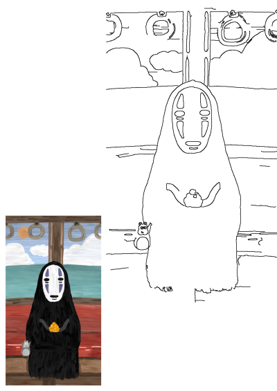 A painting of No-Face from Spirited Away wearing a mask, holding food on a train with the ocean visible in the background and a hamster.